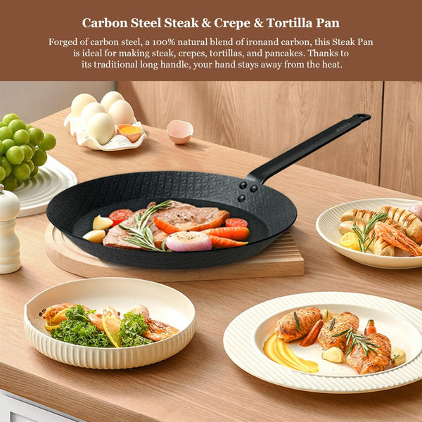 11 Inch Pre-Seasoned Carbon Steel Frying Pan, Naturally Non-Coated Skillet with Grooved Texture for Steak, Stir Fry, Tortilla, Crepe, All Stoves Compatible4