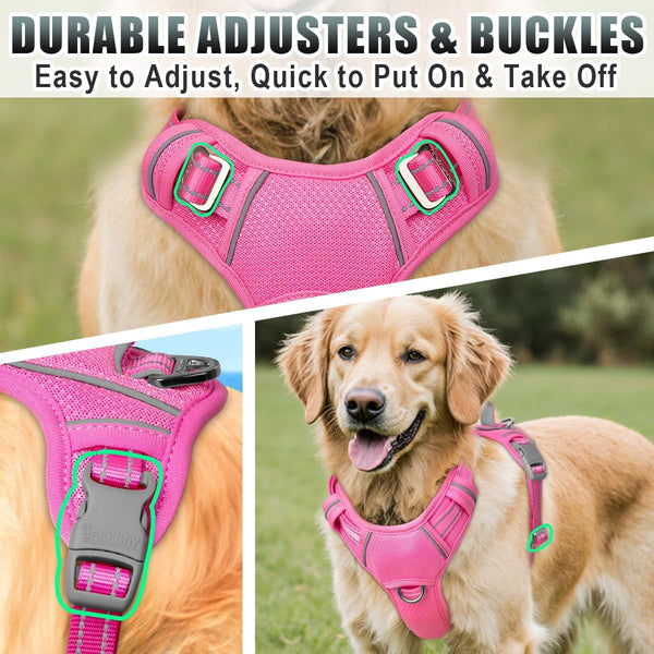 BARKBAY No Pull Dog Harness Large Reflective Dog Harness with Front Clip and Easy Control Handle for Walking Training Running with ID Tag Pocket(Pink,L)8