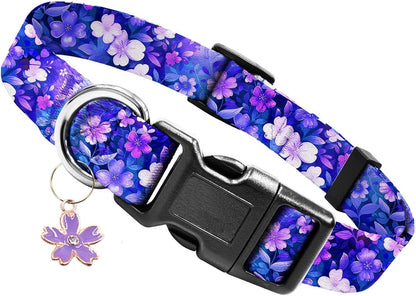 Kazazoo Dog Collar Cute and Soft Nylon Puppy Collar Girl Dogs, Adjustable Purple Dog Collars for Medium Dogs, Purple Flowers-M1