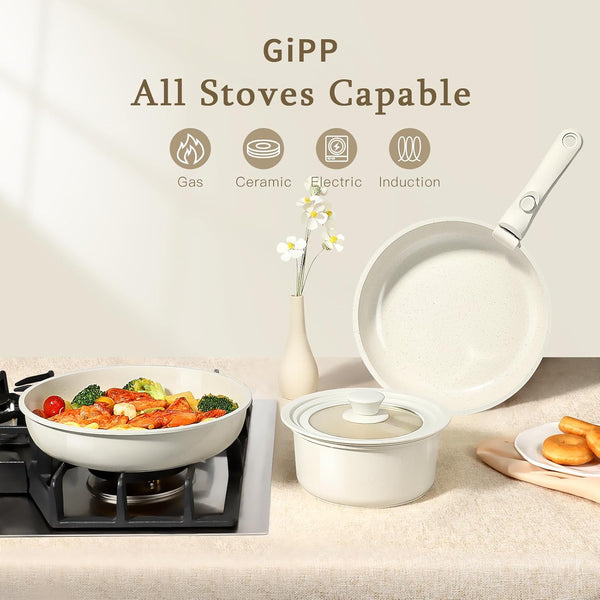 Ceramic Pots and Pans Set Non Stick, Nonstick Detachable Handle Cookware Sets, Healthy Non Toxic PFAS PFOA & PTFE Free, Dishwasher ＆Oven Safe, Induction Kitchen Pot and Pan, 8 Piece Cream5
