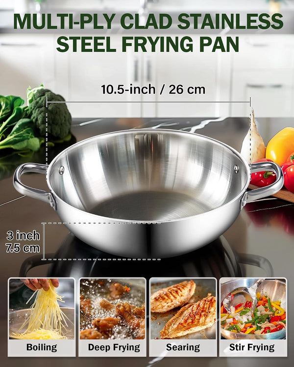 Tri-Ply Clad 12-Inch Stainless Steel Wok Pan with Lid, Flat Bottom Wok Stir Fry Pan, Dishwasher and Oven-Safe, Compatible with All Cooktops2