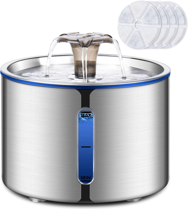 BOORCA Cat Fountain, 84Oz/2.5L Stainless Steel Pet Water Fountain, Automatic Dog Water Dispenser, Water Level Window, Ultra-Quiet Pump, Perfect for Cats, Dogs and Multiple Pets, 4 Filters1