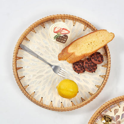 round Rattan Tray with Mother of Pearl Inlay, Rattan Serving Tray with Wooden Base, Decorative Wicker Basket for Table Decor, Storage and Display of Coffee Bread Food Fruit (Leaf 2)2