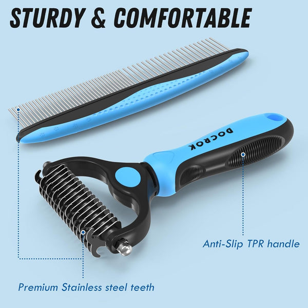 Docrok Pet Grooming Combo - Blue Deshedding Brush with Metal Comb for Detangling and Dematting Long, Matted Fur on Cats and Dogs6