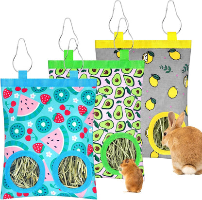 2 Pack Rabbits Hay Feeder Bag, 2 Holes Hanging Bunny Hay Feeder Guinea Pig Feeding Bag Storage Dispenser for Bunny Rabbits Chinchillas Hamsters Small Pets and Animals8