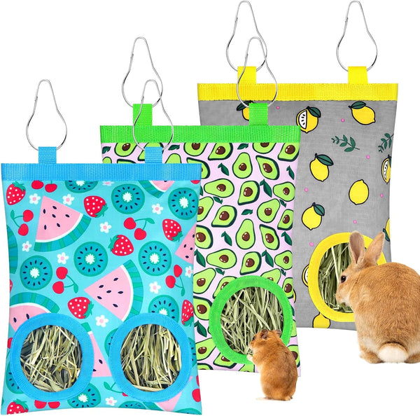 2 Pack Rabbits Hay Feeder Bag, 2 Holes Hanging Bunny Hay Feeder Guinea Pig Feeding Bag Storage Dispenser for Bunny Rabbits Chinchillas Hamsters Small Pets and Animals8