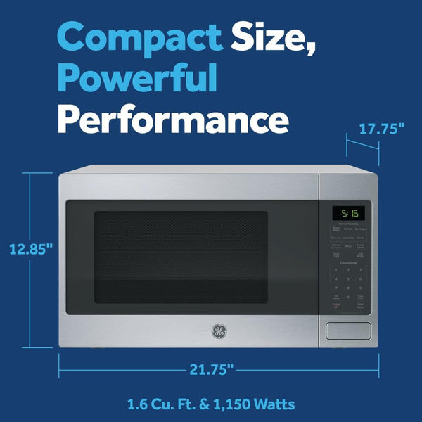 GE Countertop Microwave Oven, 1150 Watt, 1.6 Cu. Ft., Stainless Steel | 8 Convenience Cook Settings, One-Touch Controls, Child Lock Technology, Glass Turntable, for Kitchen, Dorm, Office, Apartment2