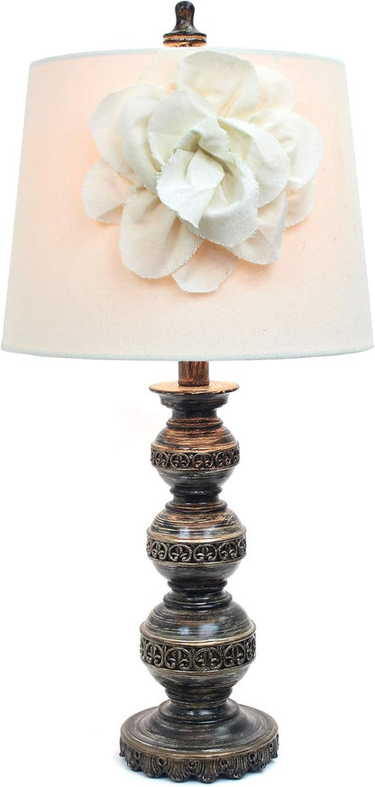 LT3097-WHT Stacked Ball Lamp with Couture Linen Flower Shade, Aged Bronze4