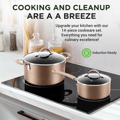 14-Piece Non Stick Kitchen Cookware Set W/Saucepan, Frying Pans, Cooking Pots, Dutch Oven Pot, Lids, Utensil, Gold2
