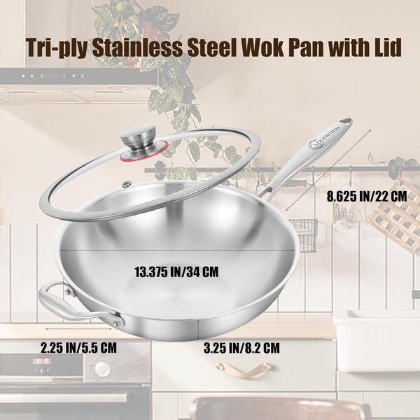 13-Inch Stainless Steel Wok with Glass Lid | Detachable Handle | Uncoated Tri-Ply Stir Fry Pan | Everyday Cooking Wok for Induction & Glass| Flat Bottom | SGS Certified Cookware | PFOA-FREE7
