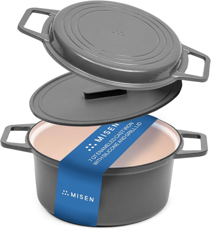 7 QT Enameled Cast Iron Dutch Oven - Chip-Resistant Enamel Coating - Thick Iron Core for Heat Retention - Large Cooking Surface - Oven Safe, Induction Compatible - Grill and Silicone Lid, Gray1