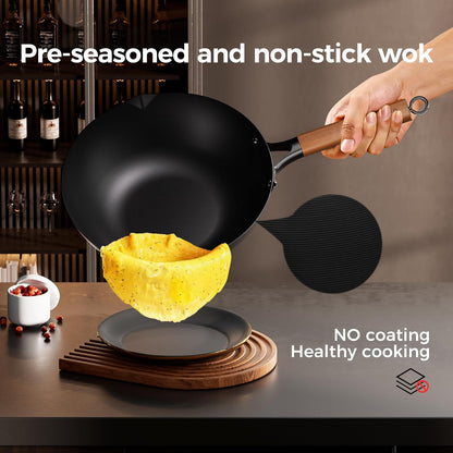 12 Inch Carbon Steel Wok Pan, 4QT Woks & Stir-Fry Pans Nonstick with Lid, No Seasoning Required & 0 Coating, Compatible with All Cooktops & Utensils for Stir Fry, Pan-Fry, Steam, Camping6