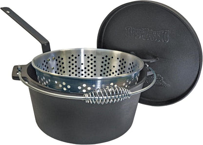 Cast Iron Dutch Oven W/ Fry Basket Features Flanged Camp Lid Perforated Aluminum Basket Stainless Coil Wire Handle Grip, 20-Qt Perfect for Frying Fish Chicken Shrimp & More1