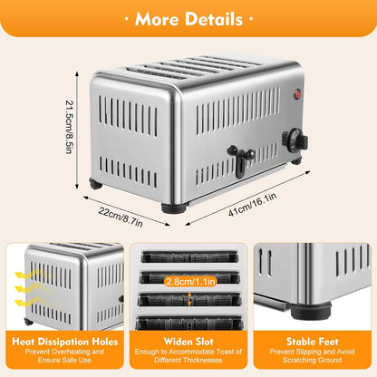 6-Slice Toaster Bread Baking Machine, 1-5 Minute Timing Stainless Steel 1680W Commercial Electric Countertop Toaster with Extra Wide Slots & Crumb Tray for Toasting Bagels, Breads, Waffles & More6