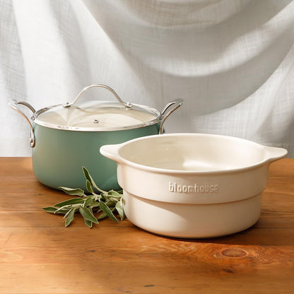 6-QT Heavy-Guage Aluminum Dutch Oven W/Non-Stick Non-Toxic Ceramic Interior and Ceramic Steamer Insert - Sage Green7