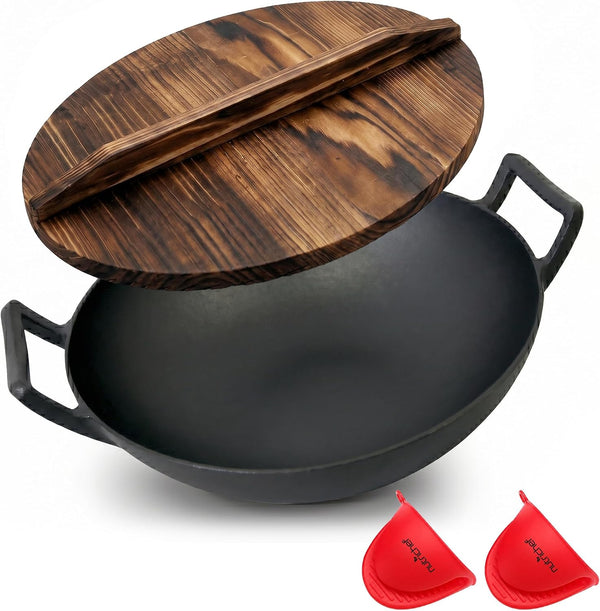 14" Cast Iron Wok with Wooden Lid - Pre-Seasoned Kadai for Stir-Fry with Loop Handles, Compatible with Multiple Cooktops Including Induction, Large 5.8 Qt Capacity1