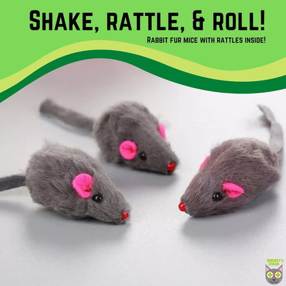 Smokey'S Stash Rabbit Fur Mouse Cat Toy 12 per Pack White and Gray Fuzzy Toys for Cats with Rattle Realistic Fake Mice (12)3
