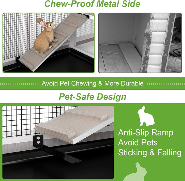 2 Story Rabbit Hutch Outdoor Indoor, Wooden Bunny Cage with 6 Lockable Wheels, 3 Removable No Leakage Pull Out Trays, Chew-Proof Ramp & Waterproof Roof, Ideal for Rabbit & Guinea Pig5