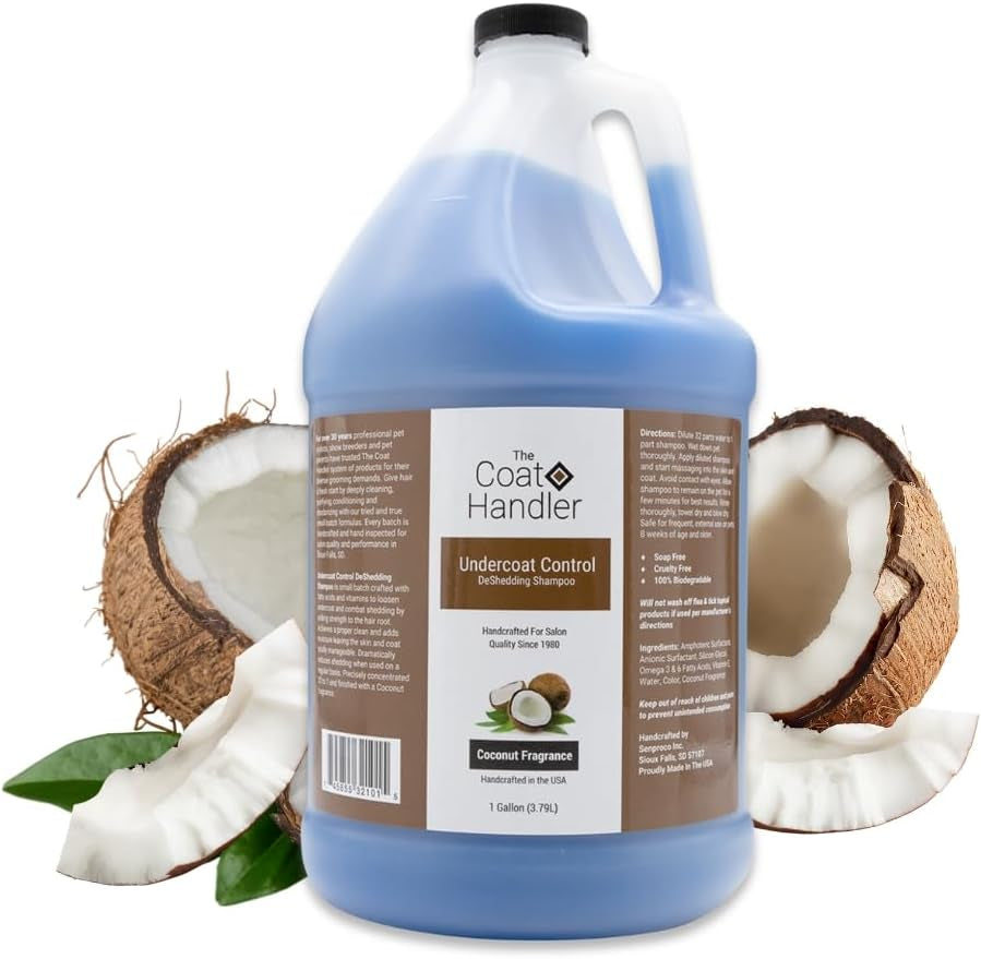 the-coat-handler-deshedding-dog-shampoo-for-shedding-undercoat-1-gallon-32-1-concentrate-coconut-oil-and-omega-3-strengthen-hair-roots-moisturizing-pet-grooming-wash-groomer-grade-usa-made