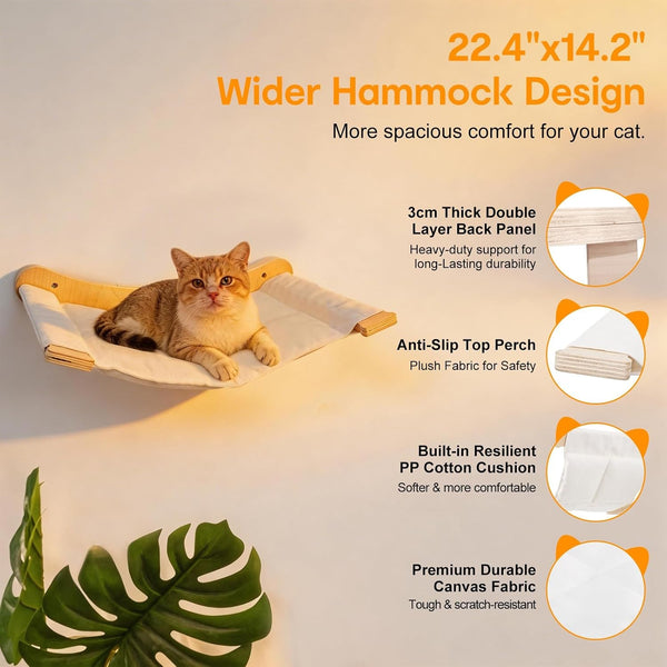 8-In-1 Cat Wall Shelves for Large Cats, Wall Mounted Cat Furniture with Feeding Station&Extra Wide Hammock, Heavy Duty Cat Climber for Indoor Cats to Sleep Play & Eat, 44Lbs Capacity, Wood6