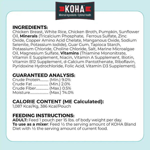 KOHA Limited Ingredient Bland Diet for Dogs, Chicken and White Rice Sensitive Stomach Wet Dog Food, Sold in over 5,000 Vet Clinics & Pet Stores, Gentle Easy to Digest Bland Diet Dog Food, Pack of 67