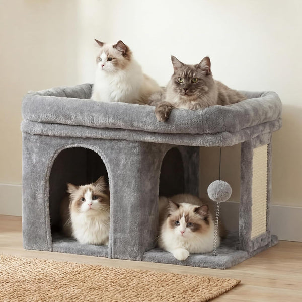 Heybly Cat Tree, 14" Cat Tower with Large Cat Bed & Condo HCT203SW | Cat Furniture for Indoor Cats Large Adult, Cat House with Scratching Posts and Spring Balls for Kittens, Light Gray2