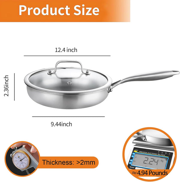 Tri-Ply Stainless Steel Pan,18/10, 12"+Lids | Nontoxic Durable Oven Safe 800℉ All Cooktops Compatible Fast Even Heat PFOA Free Large Frying Pan Nontoxic Cookware8