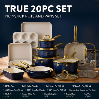 Hammered 20Pcs Ceramic Cookware Set, Induction Pots and Pans Set Non Stick with Deep Fry Pan, Steamer, & Bakeware, Non Toxic PFOA PFOS Free, Oven & Dishwasher Safe2