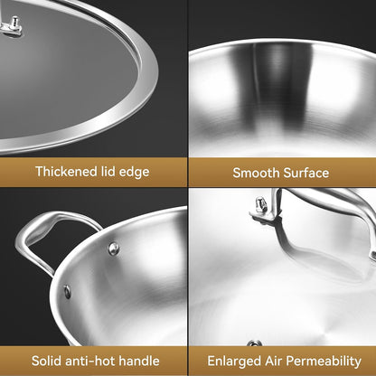 12-Inch Stainless Steel Wok with Lid | 5-Quart | Dual Handles | Uncoated Tri-Ply Stir Fry Pan | Everyday Cooking Wok for Induction | Flat Bottom | PFOA-FREE | 3-4 Servings ﻿5