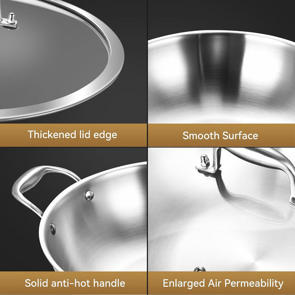 12-Inch Stainless Steel Wok with Lid | 5-Quart | Dual Handles | Uncoated Tri-Ply Stir Fry Pan | Everyday Cooking Wok for Induction | Flat Bottom | PFOA-FREE | 3-4 Servings ﻿5