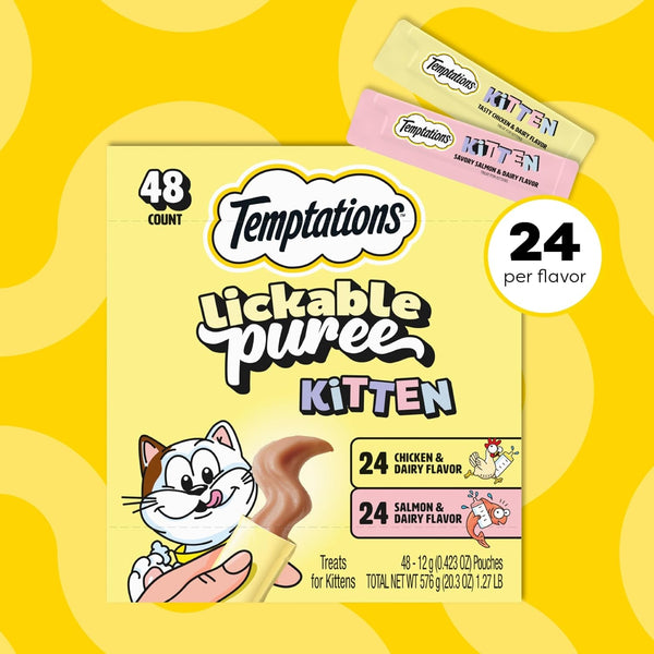 Temptations Lickable Puree Kitten Cat Treats, Chicken & Salmon, 48 Count | Chicken & Salmon, DHA Supports Brain Development, High Moisture for Hydration, under 15 Cal/Pouch, No Added Sugar or Fillers8