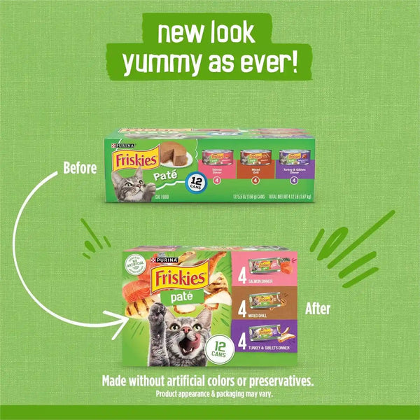 Purina Friskies Wet Cat Food Pate Variety Pack Salmon Dinner, Turkey and Giblets Dinner and Mixed Grill - (2 Packs of 12) 5.5 Oz. Cans2