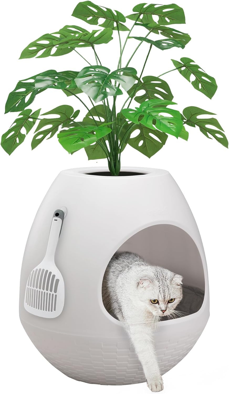 eggloa6-hidden-cat-litter-box-with-artificial-plants-odor-removal-system-egg-shaped-enclosure-includes-scoop-3pcs-liners-secret-discreet-furniture-diy-assembly-cat-litter-box-cabinet-brown