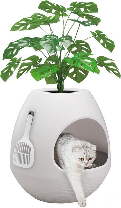 Eggloa6 Hidden Cat Litter Box with Artificial Plants ＆ Odor Removal System, Egg-Shaped Enclosure Includes Scoop ＆3PCS Liners Secret, Discreet Furniture, DIY Assembly Cat Litter Box Cabinet (Brown)14
