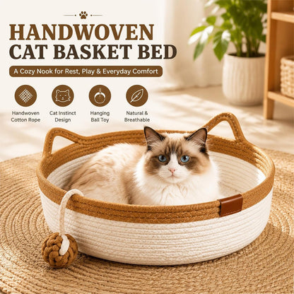 Handwoven Cat Basket Bed, Cotton Rope round Cat Scratcher Bed with Cats Ear Handles, Breathable Boho Nesting Pet Bed for Kittens and Indoor Cats (Color D,Small)2