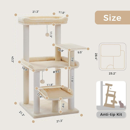 43.3" Cat Tree for Indoor Cats Large Adult, Multi-Level Cat Tower | Cat Tree Tower with Spacious Top Perch, Large Cat Bed, Scratching Posts and Pompom Balls for Fun5