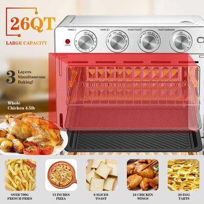 Air Fryer Toaster Oven 26 QT, Large Airfryer Convection Countertop Oven Combo with Easy Bake, Roast, Broil, Warm, 6 Slice Toast 7-In-1 Functions, 3 Layers with 4 Accessories,Stainless Steel4