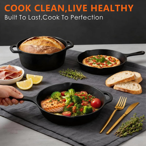 6 Piece Pre-Seasoned Cast Iron Cookware Set – Incl. 5QT Dutch Oven with Lid, 8'' and 10.25'' Cast Iron Skillets, 10.5'' round Griddle, and a Square Grill Pan for Kitchen, Stovetop, & Camping9