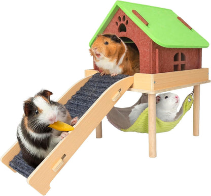 BESNEW 3 in 1 Enlarged Guinea Pig Hammock,Wooden Guinea Pig Hideout with House & Platform & Stairs Small Animal Toys for Hiding Sleeping Activities12