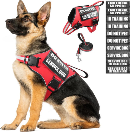Service Dog Vest Harness and Leash Set+10 Patches,No Pull&Adjustable Reflective Dog Harness with Soft Padded Handle for Training/Everyday,Fit Small/Medium/Large/Extra-Large Dogs(Red XL) | No Pull&Adjustable Reflective Service Dog Harness Large Sized,Dog Leash with 2 Soft Padded Handles,For Training Working1