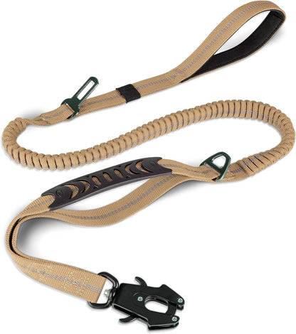 Joytale Tactical Bungee Dog Leash, Shock Absorbing No Pull, Coyote Brown | for Large Dogs That Pull, 2 Padded Handles for Control, Car Seatbelt Clip, Reflective for Night Safety, Metal Frog Clip1
