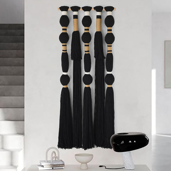 Macrame Wall Hanging Black Spherical Tassel Geometric Wall Art 15.7"W*39"L | Black Wall Art, Boho Style Piece, Modern Home Accent, Bedroom Hanging Decor, for Living Room, Apartment Interior Touch2