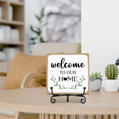 Welcome to Our Home Sign Decor, Rustic Home Kitchen Wooden Sign with Iron Stand, Housewarming Gift for Living Room Bedroom Bathroom Shelf Table - A043