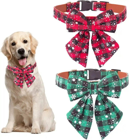 2 Pack Christmas Dog Collar with Bow Tie, Classic Plaid Red Green Dog Collars with Removable Bowtie Christmas Collars for Large Dogs Pets (Large)1