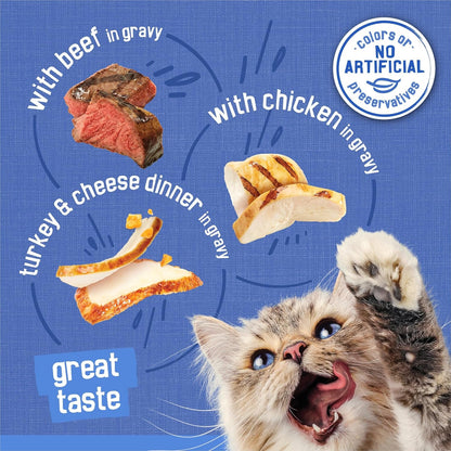 Purina Friskies Gravy Wet Cat Food Variety Pack, Shreds with Beef, with Chicken, and Turkey and Cheese Dinner - (Pack of 24) 5.5 Oz. Cans7