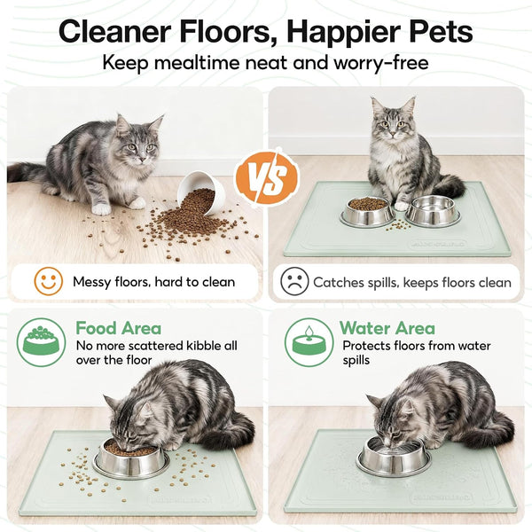 22X19 Pet Feeding Mat Waterproof Nonslip Cats and Dogs Water Bowl Mat | Silicone 0.59" Raised Edges Contain Food & Water Spills, Easy to Clean, Bpa-Free, Reinforced to Resist Collapse,Light Green8