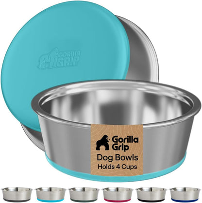 GORILLA GRIP Dog Bowls, Food Grade 304 Stainless Steel, Holds 2 US Cups Each (16 Fl Oz) Food and Water Bowl for Feeding Dogs and Cats, Dishwasher Safe, Rust Resistant BPA Free Rubber Base, 2 Set Black19