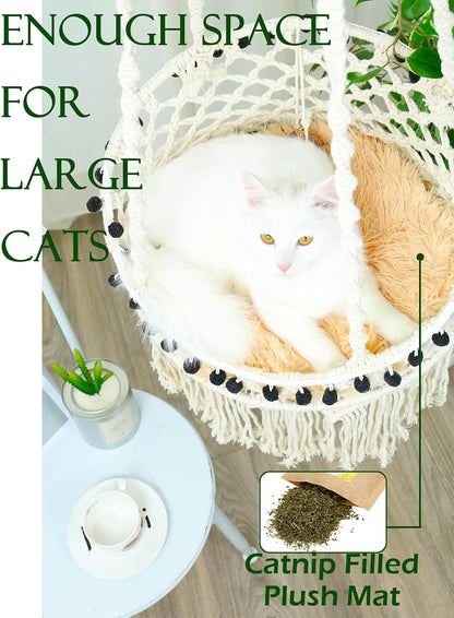 KARCEEY Macrame Cat Hammock - Hanging Cat Bed for Wall & Window - Boho Swing with Full Hardware Kit & Nip Toy - Stable Heavy Duty Design for Large & Senior Felines up to 60Lbs4