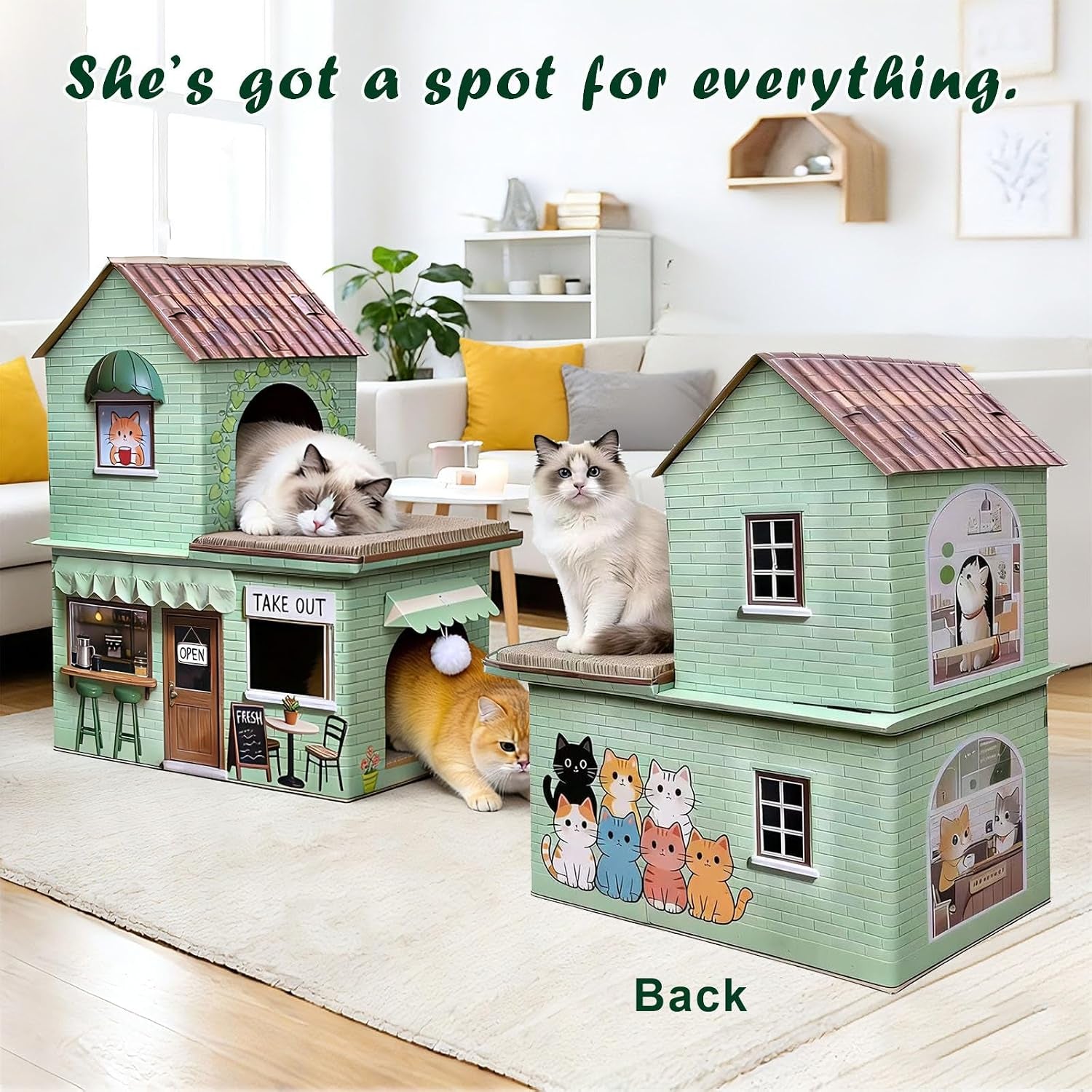 cardboard-cat-scratcher-house-double-layer-coffee-shop-design-sage-green-5-layer-corrugated-window-cutouts-4-scratching-boards-plush-ball-catnip-indoor-multi-cat-house-for-cats-up-to-20-lbs