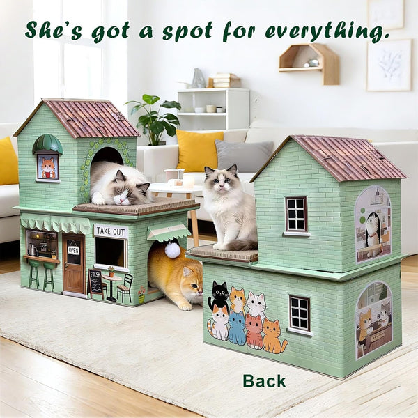 Cardboard Cat Scratcher House, Double Layer Coffee Shop Design, Sage Green, 5-Layer Corrugated, Window Cutouts, 4 Scratching Boards, Plush Ball & Catnip, Indoor Multi Cat House for Cats up to 20 Lbs6